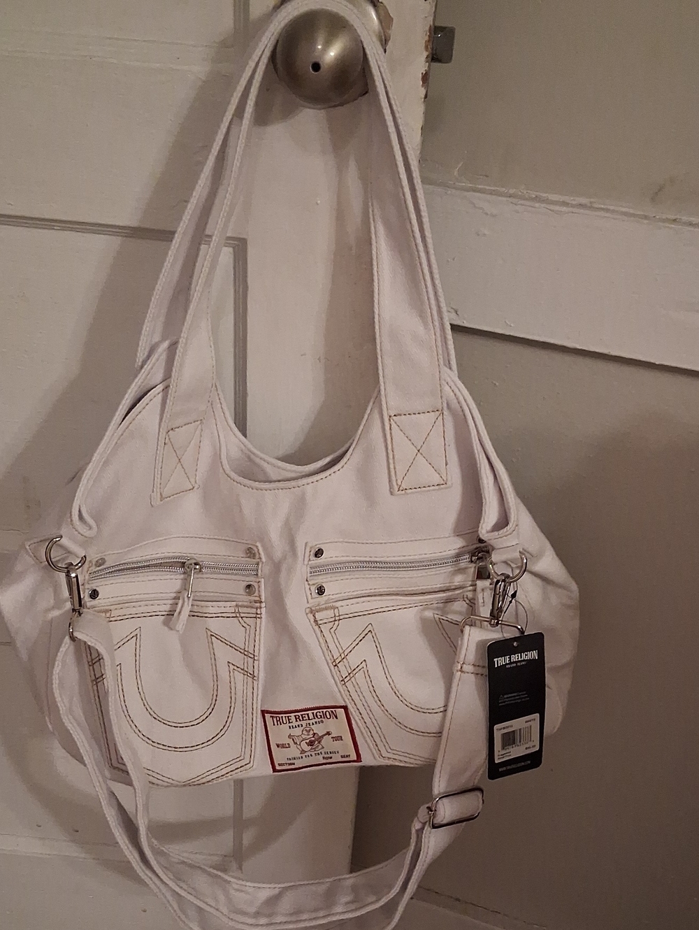 True Religion White Canvas Shoulder Tote with Front Zip Pockets